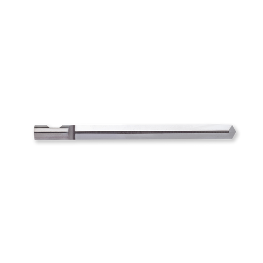 Tungsten carbide knife AXYZ-B2031L-65 for Axyz digital cutters suitable for cutting various materials. Length 81 mm, max. cutting depth 65 mm, double-angled with both angles 30°.