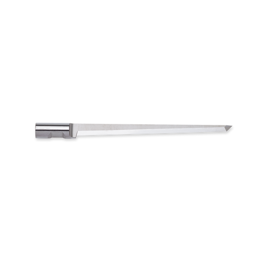 Oscillating tungsten carbide knife BLD-SR6522 (42444885) for Esko / Kongsberg cutters. Pointed tip for use with felt underlays. Length 76 mm, max. cutting depth 55 mm, 3.7° cutting angle enables fine cutting details.